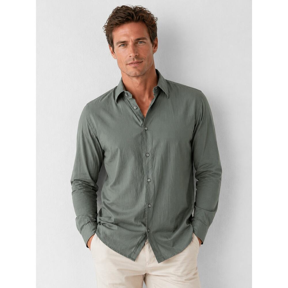 Express Men’s Olive Green Button-Up Shirt Stretch Casual Long Sleeve Size: Large